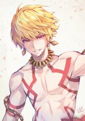 Rule 34 | &gt;:d, 1boy, :d, bad id, bad pixiv id, blonde hair, chain, commentary request, earrings, enkidu (weapon) (fate), fate/grand order, fate (series), gilgamesh (fate), grin, highres, hoshizaki reita, jewelry, looking at viewer, male focus, necklace, nude, open mouth, parted lips, red eyes, smile, solo, tattoo, upper body, v-shaped eyebrows
