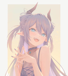 Rule 34 | 1girl, absurdres, aqua eyes, black dress, blush, breasts, cleavage, dress, fangs, hair between eyes, highres, horns, jewelry, long hair, looking at viewer, midori xu, nail polish, nails visible through gloves, necklace, open mouth, original, own hands together, pointy ears, purple hair, purple nails, sidelocks, sleeveless, sleeveless dress, small breasts, solo, two side up, upper body, very long hair