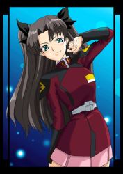 Rule 34 | 1girl, arm up, belt, blush, brown hair, cosplay, cowboy shot, crossover, dress, fate/stay night, fate (series), green eyes, gundam, gundam seed, head tilt, long sleeves, looking at viewer, parody, red dress, smile, solo, standing, stretching, tohsaka rin, two side up, uniform