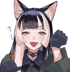 Rule 34 | 1girl, :d, animal ears, black dress, black gloves, black hair, blue eyes, blunt bangs, blush, cat ears, choker, dress, fang, gloves, gothic lolita, highres, hololive, hololive dev is, juufuutei raden, lolita fashion, looking at viewer, multicolored hair, murechika, open mouth, sidelocks, simple background, skin fang, smile, solo, streaked hair, two-tone hair, virtual youtuber, white background, white hair