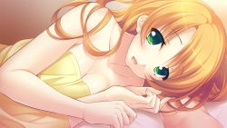 Rule 34 | 1girl, ayase hazuki, bed, bed sheet, blush, breasts, game cg, green eyes, kamidere, long hair, looking at viewer, lying, nude, on side, open mouth, orange hair, pillow, small breasts, smile, solo, tokunaga hoshino