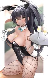 Rule 34 | 1girl, absurdres, ahoge, alternate skin color, animal ears, antenna hair, aqua bow, aqua bowtie, ass, bare shoulders, between breasts, black hair, black headband, black leotard, blue archive, blush, bow, bowtie, breasts, cleavage, closed mouth, covered navel, curvy, dark-skinned female, dark skin, detached collar, fake animal ears, fishnet pantyhose, fishnets, gloves, hair between eyes, headband, high ponytail, highleg, highleg leotard, highres, holding, holding tray, huge ass, karin (blue archive), karin (bunny) (blue archive), knee up, large breasts, leotard, long hair, looking at viewer, number tattoo, pantyhose, playboy bunny, pouring, pouring onto self, rabbit tail, sagging breasts, shaka (fhgd3335), shiny clothes, shiny skin, shoulder tattoo, slit pupils, solo, spill, standing, standing on one leg, strapless, strapless leotard, sweatdrop, tail, tattoo, thighs, thong leotard, traditional bowtie, tray, very long hair, white gloves, wide hips, wrist cuffs, yellow eyes