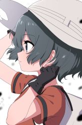 Rule 34 | 1girl, adjusting clothes, adjusting headwear, backpack, bag, black eyes, black hair, commentary, from side, hat feather, helmet, highres, kaban (kemono friends), kemono friends, parted lips, pith helmet, ransusan, red shirt, shirt, short hair, short sleeves, solo, wavy hair
