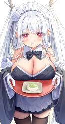 Rule 34 | 1girl, apron, azur lane, black bow, black bowtie, bow, bowtie, breast rest, breasts, cleavage, cowboy shot, detached collar, detached sleeves, dragon girl, dragon horns, facing viewer, food, gloves, hair on horn, highres, holding, holding tray, horns, japanese clothes, large breasts, long hair, looking at viewer, maid, mochi, off shoulder, official alternate costume, satsuki yukimi, shimanto (azur lane), shimanto (the comfy dragon god) (azur lane), traditional bowtie, tray, wa maid, waist apron, white apron, white background, white gloves, white hair