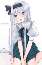 Rule 34 | 1girl, aqua eyes, between legs, black hairband, black ribbon, blush, bow hairband, breasts, commentary request, fang, frilled shirt collar, frilled socks, frills, green skirt, green vest, hair between eyes, hairband, hand between legs, head tilt, highres, konpaku youmu, long hair, momomaron, neck ribbon, open mouth, pleated skirt, puffy short sleeves, puffy sleeves, ribbon, shiny skin, shirt, short sleeves, sidelocks, silver hair, simple background, sitting, skirt, skirt set, sleeve cuffs, small breasts, socks, solo, touhou, twitter username, very long hair, vest, wariza, white background, white shirt, white socks