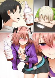 Rule 34 | 3boys, androgynous, astolfo (fate), astolfo (memories at trifas) (fate), bent over, black bow, black hair, blonde hair, blush, bottle, bow, braid, comic, faceless, faceless male, fate/apocrypha, fate/grand order, fate (series), fujimaru ritsuka (male), ginhaha, licking lips, long braid, long hair, male focus, multiple boys, no legwear, official alternate costume, pink hair, pleated skirt, prince of lan ling (fate), ribbon, shirt, silent comic, single braid, skirt, sleeping, smile, tongue, tongue out, trap, very long hair