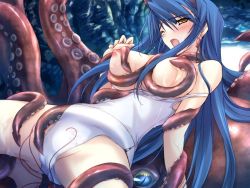 Rule 34 | 1girl, alice soft, blue hair, blush, grabbing another&#039;s breast, breasts, brown eyes, earrings, game cg, grabbing, headband, jewelry, large breasts, nipples, octopus, one-piece swimsuit, one eye closed, open mouth, restrained, slit pupils, solo, spread legs, swimsuit, tentacles, topless, yellow eyes