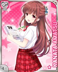 Rule 34 | 1girl, :d, amatsu kanata, book, bow, bowtie, brown hair, card, character name, girlfriend (kari), holding, long hair, official art, open mouth, pink background, plaid, plaid skirt, qp:flapper, red bow, red eyes, red skirt, school uniform, shirt, skirt, smile, solo, standing, tagme, white shirt