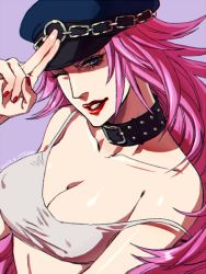 Rule 34 | 1girl, ;), bare shoulders, blue eyes, breasts, cleavage, collar, elina kuroe no daarin, covered erect nipples, final fight, grin, hat, large breasts, lipstick, long hair, makeup, one eye closed, peaked cap, pink hair, poison (final fight), salute, smile, solo, strap slip, studded collar, tank top