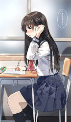 Rule 34 | 1girl, :d, absurdres, black hair, black socks, blue sailor collar, blue skirt, blush, brown eyes, chair, desk, feet out of frame, from side, hair behind ear, tucking hair, highres, holding, holding pencil, indoors, long hair, long sleeves, looking at viewer, looking to the side, on chair, open mouth, original, pencil, pencil case, pentagon (railgun ky1206), pleated skirt, profile, red neckwear, sailor collar, school chair, school desk, school uniform, serafuku, shirt, sideways mouth, sitting, skirt, smile, socks, solo, translation request, very long hair, white shirt