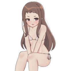 Rule 34 | 1girl, aa211108, arms between legs, bikini, blush, breasts, brown hair, collarbone, feet out of frame, idolmaster, idolmaster cinderella girls, invisible chair, koseki reina, long hair, looking at viewer, side-tie bikini bottom, simple background, sitting, small breasts, solo, swimsuit, very long hair, white background, white bikini