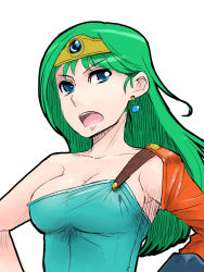 Rule 34 | 1girl, bare shoulders, blue eyes, breasts, circlet, cleavage, commentary request, dragon quest, dragon quest iv, earrings, gloves, green hair, heroine (dq4), jewelry, long hair, medium breasts, misonou hirokichi, open mouth, slime (dragon quest), solo, square enix, upper body