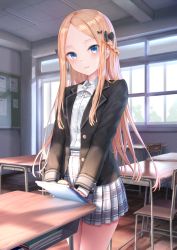Rule 34 | 1girl, abigail williams (fate), alternate costume, black bow, black jacket, blazer, blonde hair, blue eyes, blush, bow, braid, chair, collared shirt, commentary request, desk, dress shirt, fate/grand order, fate (series), forehead, hair bow, highres, indoors, jacket, kachayori, long hair, long sleeves, looking at viewer, open clothes, open jacket, orange bow, parted bangs, parted lips, plaid, plaid skirt, pleated skirt, polka dot, polka dot bow, school chair, school desk, school uniform, shirt, skirt, smile, solo, striped, striped bow, very long hair, white bow, white shirt, white skirt