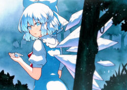Rule 34 | 1girl, bird, bird on hand, blue bird, blue bow, blue dress, blue eyes, blue hair, bow, cirno, commentary request, dress, forest, from behind, hair bow, highres, ice, ice wings, looking at viewer, looking back, medium hair, nature, open mouth, qqqrinkappp, shirt, short sleeves, solo, touhou, traditional media, tree, upper body, white shirt, wings