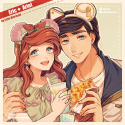 Rule 34 | 1boy, 1girl, :d, animal ears, animification, ariel (disney), arm around shoulder, black hair, blue eyes, bow, brown hair, character name, copyright name, cup, disposable cup, drink, drinking straw, earrings, eric (disney), fake animal ears, food, hair bow, hetero, holding, holding drink, holding food, instagram username, jacket, jewelry, long hair, mizala, open mouth, red bow, shell hair ornament, short hair, simple background, smile, the little mermaid, twitter username, upper body