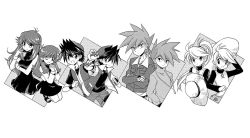 Rule 34 | 4boys, 4girls, ayateaori, baseball cap, blue oak, breasts, commentary, creatures (company), crossed arms, dress, dual persona, earrings, flat chest, game freak, green (pokemon), greyscale, hat, holding, holding poke ball, jewelry, looking at viewer, monochrome, multiple boys, multiple girls, nintendo, pendant, poke ball, poke ball (basic), pokemon, pokemon adventures, ponytail, red (pokemon), short dress, simple background, small breasts, spiked hair, straw hat, yellow (pokemon)