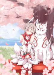 Rule 34 | 1girl, amaterasu (ookami), animal, animal ears, bare shoulders, blush, bodypaint, cherry blossoms, closed eyes, commentary, crossover, detached sleeves, earrings, feet out of frame, fox ears, fox mask, fox tail, grass, grey hair, idolmaster, idolmaster cinderella girls, jewelry, jiino, mask, ookami (game), parted bangs, petals, shiomi syuko, short hair, sitting, smile, tail, tree, water, white legwear, wolf