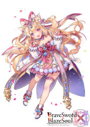 Rule 34 | 1girl, :d, animal ears, blonde hair, blush, boots, bow, brave sword x blaze soul, cat ears, character request, copyright name, detached sleeves, dress, flower, full body, hair between eyes, hair bow, hair flower, hair ornament, hands up, head tilt, high heel boots, high heels, long hair, long sleeves, official art, open mouth, petals, pink bow, pom pom (clothes), puffy long sleeves, puffy sleeves, purple eyes, red footwear, round teeth, simple background, sleeves past wrists, smile, socks, solo, strapless, strapless dress, striped, striped bow, teeth, two side up, upper teeth only, very long hair, white background, white bow, white dress, white flower, white sleeves, white socks, yeonwa
