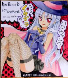 Rule 34 | 10s, 1girl, angel beats!, cape, dark persona, fishnet thighhighs, fishnets, gloves, halloween, hat, long hair, nakamura hinato, red eyes, shikishi, silver hair, tenshi (angel beats!), thighhighs, traditional media, translation request, witch hat
