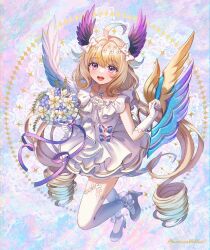Rule 34 | 1girl, angel wings, artist request, blonde hair, bouquet, character request, dress, flower, flower bouquet, full body, gloves, head wings, heels, highres, multicolored background, multicolored wings, pink eyes, skirt, tagme, thighhighs, white dress, white thighhighs, wings