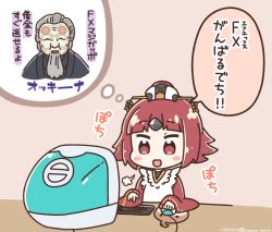 Rule 34 | 1boy, 1girl, :d, apron, beard, benienma (fate), black kimono, brown background, brown eyes, brown hair, brown headwear, brown kimono, character request, commentary request, facial hair, fate/grand order, fate (series), grey hair, hat, japanese clothes, keyboard (computer), kimono, kurororo rororo, long sleeves, mini hat, monitor, mouse (computer), mousepad (object), old, old man, open mouth, sleeves past wrists, smile, translation request, twitter username, white apron, wide sleeves