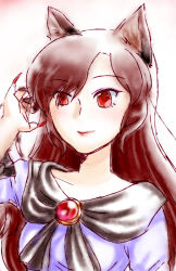 Rule 34 | 1girl, animal ears, bad id, bad pixiv id, brooch, brown hair, female focus, fingernails, gradient background, imaizumi kagerou, jewelry, light smile, long fingernails, long hair, red eyes, solo, touhou, upper body, white background, yamami-hosyo