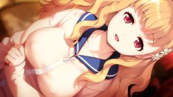 Rule 34 | 1girl, blonde hair, breasts, collarbone, covered erect nipples, eyebrows, flower, game cg, hair flower, hair ornament, hamashima shigeo, happy, large breasts, long hair, long sleeves, looking at viewer, momozono moka, original, parted lips, puffy nipples, red eyes, school uniform, shinsou noise: jushin tantei no jikenbo, smile, solo, standing, upper body, zipper