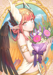 Rule 34 | 1girl, absurdres, armlet, bare shoulders, bouquet, bow, bracelet, breasts, brown wings, circe (fate), circlet, cloud, daisan oujo, fate/grand order, fate (series), feathered wings, flower, head wings, highres, holding, holding bouquet, jewelry, long hair, looking at viewer, navel, necklace, picture frame, pink flower, pink hair, pointy ears, purple bow, skirt, sky, sleeveless, small breasts, smile, solo, white flower, winged hair ornament, wings