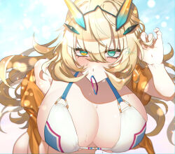 Rule 34 | 1girl, bare shoulders, barghest (fate), barghest (swimsuit archer) (fate), bikini, blonde hair, blue sky, blush, breasts, chiri 214, cleavage, collarbone, fate/grand order, fate (series), green eyes, highres, horns, huge breasts, long hair, looking at viewer, multicolored bikini, multicolored clothes, off shoulder, open clothes, open shirt, orange shirt, shirt, short sleeves, sky, solo, sparkle, swimsuit, thighs, wet, white bikini
