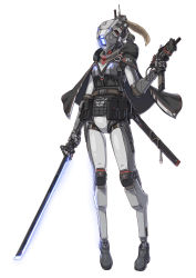 Rule 34 | 1other, absurdres, android, boots, cape, energy sword, full body, gun, highres, holding, holding gun, holding sword, holding weapon, humanoid robot, load bearing equipment, original, phase shift pilot (titanfall 2), pilot (titanfall 2), ponytail, robot, scabbard, science fiction, sheath, sherman (egnk2525), simple background, solo, submachine gun, sword, weapon, white background