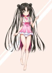 Rule 34 | 1girl, absurdres, arm up, barefoot, black hair, brown eyes, camisole, double bun, facial mark, fate/grand order, fate (series), female focus, forehead mark, full body, hair bun, highres, legs, long hair, one-piece swimsuit, pink background, pink camisole, sessyoin kiara, sessyoin kiara (lily), simple background, solo, swimsuit, thigh gap, thighs, toes, tor ai, very long hair, white one-piece swimsuit