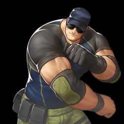 Rule 34 | 1boy, absurdres, bara, baseball cap, blue shirt, bulge, camouflage, camouflage pants, character request, dobito mn, feet out of frame, gloves, green pants, hat, highres, male focus, muscular, muscular male, original, pants, pectorals, shirt, single glove, solo, sunglasses, the king of fighters, tight clothes, tight shirt