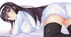 Rule 34 | 1girl, all fours, ass, bad id, bad pixiv id, black hair, black thighhighs, blush, breasts, brown eyes, closed mouth, dress, from behind, frown, hair between eyes, hairband, hanging breasts, impossible clothes, impossible dress, kasumigaoka utaha, large breasts, long hair, looking at viewer, looking back, saenai heroine no sodatekata, solo, sweater, tasora, thighhighs, twitter username, white dress