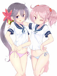 Rule 34 | 10s, 2girls, ;), absurdres, akebono (kancolle), barefoot, bell, blue panties, closed mouth, commentary request, flower, hair bell, hair bobbles, hair flower, hair ornament, hamaken. (novelize), highres, jingle bell, kantai collection, leg up, long hair, multiple girls, navel, no pants, one eye closed, open mouth, panties, pink eyes, pink hair, pink panties, ponytail, purple eyes, purple hair, sazanami (kancolle), school uniform, serafuku, short hair, short sleeves, side-tie panties, side ponytail, smile, twintails, tying, underwear, untied panties
