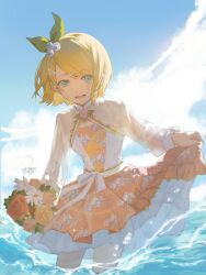 Rule 34 | 1girl, blonde hair, bouquet, clothes lift, dress, dress lift, floral print, flower, green eyes, green ribbon, hair flower, hair ornament, hair ribbon, hairclip, highres, holding, holding bouquet, kagamine rin, lower teeth only, outdoors, parted lips, project sekai, qunqingyue, ribbon, short hair, solo, swept bangs, teeth, vocaloid, wading, white flower
