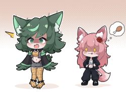 Rule 34 | + +, 2girls, ^^^, animal ear fluff, animal ears, bird legs, black footwear, black jacket, black pants, black sleeves, blush, breasts, character request, chibi, chicken (food), chicken leg, cleavage, colored shadow, commentary, commission, detached sleeves, english commentary, fork, green eyes, green hair, grey shorts, hair between eyes, halftone, halftone background, harpy, highleg, highleg panties, holding, holding fork, holding knife, jacket, knife, kurotofu, long hair, medium breasts, monster girl, multicolored hair, multiple girls, navel, open clothes, open jacket, original, outline, panties, pants, pink hair, puffy pants, sarashi, second-party source, shaded face, shadow, shoes, short eyebrows, short shorts, shorts, spoken food, standing, streaked hair, tail, thick eyebrows, underwear, very long hair, white outline, wide sleeves, winged arms, wings