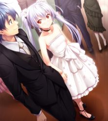 Rule 34 | 1boy, 1girl, black choker, black footwear, black jacket, black pants, black vest, blue hair, choker, closed mouth, collarbone, collared shirt, couple, dress, evening gown, eye contact, floating hair, flower, formal, from behind, game cg, hair flower, hair ornament, highres, holding hands, hoshiumi nagi, jacket, kawahara makoto, long hair, long sleeves, looking at another, necktie, pant suit, pants, red eyes, shirt, short hair, silver hair, smile, sousei kitan aerial, strapless, strapless dress, suit, tougou shin, twintails, very long hair, vest, white dress, white flower, white necktie, white shirt, wing collar, wooden floor, yellow eyes