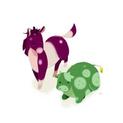 Rule 34 | alternate color, animal, animal focus, chai (drawingchisanne), commentary, cow, cucumber, heart, horse, looking at another, no humans, obon, original, signature, simple background, tray, white background