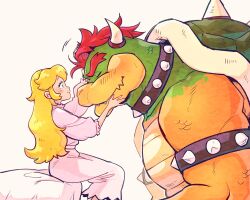 1boy 1girl bed blonde_hair blush bowser closed_eyes collar fangs hands_on_another&#039;s_face highres horns long_hair looking_at_another mario_(series) muscular muscular_male nightgown nintendo petting pink_nightgown princess_peach red_hair reptile_boy shell size_difference smile spiked_collar spiked_shell spikes white_background yowasabimechaoc