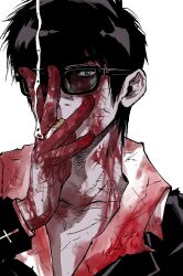 Rule 34 | 1boy, absurdres, black hair, black jacket, blood, blood on clothes, blood on face, blood on hands, cigarette, collarbone, collared shirt, hand up, highres, jacket, long sleeves, looking at viewer, male focus, my nameisyoon, nicholas d. wolfwood, one eye covered, shirt, short hair, simple background, smoking, solo, sunglasses, trigun, upper body, white background, white shirt