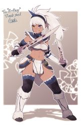 Rule 34 | 1girl, belt, black gloves, blue eyes, boots, border, breasts, brown background, capcom, commission, dark-skinned female, dark skin, dual wielding, full body, fur-trimmed boots, fur trim, gloves, grin, hairband, heterochromia, highres, holding, holding sword, holding weapon, horns, kirin (armor), lamb-oic029, medium breasts, monster hunter (series), navel, pelvic curtain, ponytail, scar, scar across eye, scar on face, single horn, skeb commission, smile, solo, strapless, sword, thank you, thighhighs, toned, tube top, underboob, weapon, white border, white hair, yellow eyes