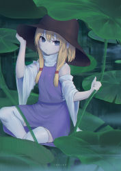 Rule 34 | 1girl, absurdres, arm at side, arm up, armpit peek, artist name, blonde hair, blue eyes, breasts, brown hat, chromatic aberration, closed mouth, commentary, expressionless, fog, hair between eyes, hair over one eye, hair ribbon, hand on headwear, hand up, hat, head tilt, highres, holding, holding leaf, iouley, leaf, leaf umbrella, lily pad, long sleeves, looking at viewer, moriya suwako, nature, no pupils, outdoors, parted bangs, pond, purple skirt, purple vest, rain, red ribbon, ribbon, ribbon-trimmed sleeves, ribbon trim, shirt, short hair with long locks, sidelocks, sitting, skirt, skirt set, sleeveless, sleeveless shirt, small breasts, solo, thighhighs, touhou, tress ribbon, turtleneck, vest, water, white shirt, white thighhighs, wide sleeves, zettai ryouiki
