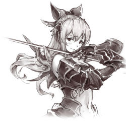 Rule 34 | 10s, 1girl, armor, bare shoulders, blush, bow, female focus, gou (ga673899), granblue fantasy, hair between eyes, hair bow, hair ornament, haoni, long hair, looking at viewer, midriff, monochrome, navel, ponytail, smile, solo, stomach, sword, vira (granblue fantasy), weapon, white background