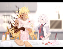 Rule 34 | 1boy, 1girl, apron, arm tattoo, black shirt, blonde hair, blurry, blurry background, blush, breasts, brown gloves, cake, collared shirt, colored extremities, commentary, dark-skinned male, dark skin, eyewear on head, fate/grand order, fate (series), food, fork, fruit, glasses, gloves, glowing tattoo, goetia (fate), gradient skin, grey jacket, hair over one eye, hand up, highres, holding, holding food, holding fork, holding fruit, jacket, kitchen, letterboxed, long hair, looking at object, looking down, mash kyrielight, medium breasts, mixing bowl, multicolored clothes, multicolored jacket, necktie, one eye covered, open clothes, open jacket, parted lips, paw print, pink apron, pink hair, plate, plate stack, print apron, purple eyes, red eyes, red necktie, shirt, short hair, sleeves rolled up, smile, squeeze bottle, strawberry, tattoo, torijo, torn clothes, torn shirt, two-tone jacket, unworn gloves, whisk, white jacket, white shirt