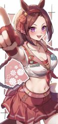 Rule 34 | 1girl, absurdres, animal ears, arm up, armpits, bare shoulders, blush, border, braid, braided ponytail, breasts, brown hair, chan hone pkpk, cleavage, commentary request, cropped shirt, fingerless gloves, floral background, flower-shaped pupils, gloves, hair ornament, hairband, highres, horse ears, horse girl, horse tail, jewelry, large breasts, long hair, looking at viewer, midriff, navel, neckerchief, necklace, official alternate costume, open mouth, pleated skirt, pointing, pointing up, ponytail, purple eyes, red gloves, red hairband, red neckerchief, red skirt, sailor collar, sakura bakushin o (red-hot leader) (umamusume), sakura bakushin o (umamusume), shirt, skirt, sleeveless, sleeveless shirt, smile, solo, symbol-shaped pupils, tail, umamusume, v-shaped eyebrows, very long hair, white border, white shirt