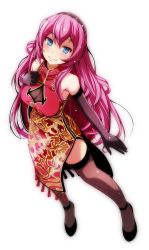 Rule 34 | absurdres, black thighhighs, blue eyes, blush, dress, from above, full body, hand on own hip, highres, legs apart, long hair, megurine luka, pink hair, simple background, smile, solo, standing, thighhighs, very long hair, vocaloid, white background