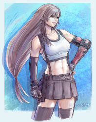 Rule 34 | 1girl, abs, black gloves, black skirt, black sports bra, black thighhighs, blue background, breasts, brown hair, commentary, cowboy shot, crop top, dangle earrings, earrings, elbow gloves, elbow pads, facing viewer, final fantasy, final fantasy vii, final fantasy vii remake, gloves, hair between eyes, hand on own hip, jewelry, long hair, looking afar, low-tied long hair, materia, medium breasts, midriff, mixed-language commentary, navel, red eyes, skirt, solo, sports bra, stephanie sybydlo, suspender skirt, suspenders, tank top, thighhighs, thighs, tifa lockhart, toned, twitter username, white tank top, zettai ryouiki