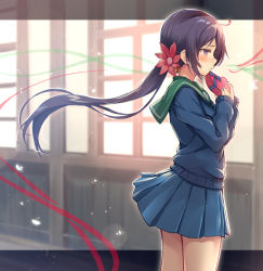 Rule 34 | 10s, 1girl, akebono (kancolle), bell, blue skirt, blush, box, commentary request, flower, hair bell, hair bobbles, hair flower, hair ornament, heart-shaped box, indoors, jingle bell, kantai collection, light particles, lips, long hair, looking away, pleated skirt, profile, purple eyes, purple hair, school uniform, serafuku, side ponytail, skirt, solo, valentine, very long hair, window, wooden wall, yu-yuuki