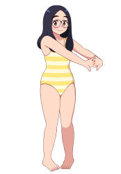 Rule 34 | 1girl, absurdres, aragon honnin, barefoot, black hair, blue eyes, blush, breasts, closed mouth, collar, freckles, full body, highres, looking at viewer, multicolored clothes, multicolored swimsuit, one-piece swimsuit, original, parted bangs, simple background, small breasts, smile, solo, stretching, striped clothes, striped one-piece swimsuit, swimsuit, white background, white one-piece swimsuit, yellow one-piece swimsuit