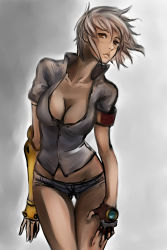 Rule 34 | 1girl, absurdres, arc system works, armband, asymmetrical gloves, blazblue, blazblue: chronophantasma, breasts, brown eyes, bullet (blazblue), cleavage, contrapposto, dark-skinned female, dark skin, denim, denim shorts, early type, elbow gloves, fingerless gloves, gloves, high collar, highres, large breasts, micro shorts, midriff, mismatched gloves, short hair, short shorts, shorts, silver hair, single elbow glove, narrow waist, solo, standing, thigh gap